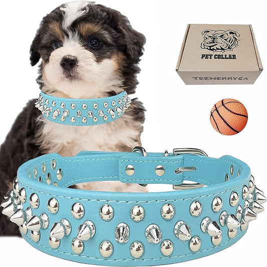 TEEMERRYCA Adjustable Microfiber Leather Spiked Studded Dog Collars with a Squeak Ball Gift for Small Medium Large Pets Like Cats/Pit Bull/Bulldog/Pugs/Husky, Blue, S 10.8-13.2 inches