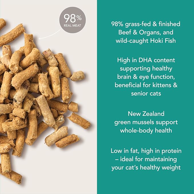 Feline Natural High Protein Dry Cat Food, Freeze-Dried Diet with 98% Meat, Organs & Seafood, No Peas, Grains, or Artificial Additives, Made in New Zealand Beef & Hoki, 3.5oz