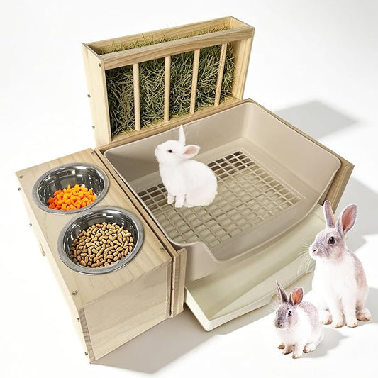 3-in-1 Large Rabbit Hay Feeder with Drawer Litter Box, Sturdy Solid Wood Bunny Feeding Station with Hay Rack for Rabbits, Guinea Pigs, Chinchillas, Ferrets and Small Animals
