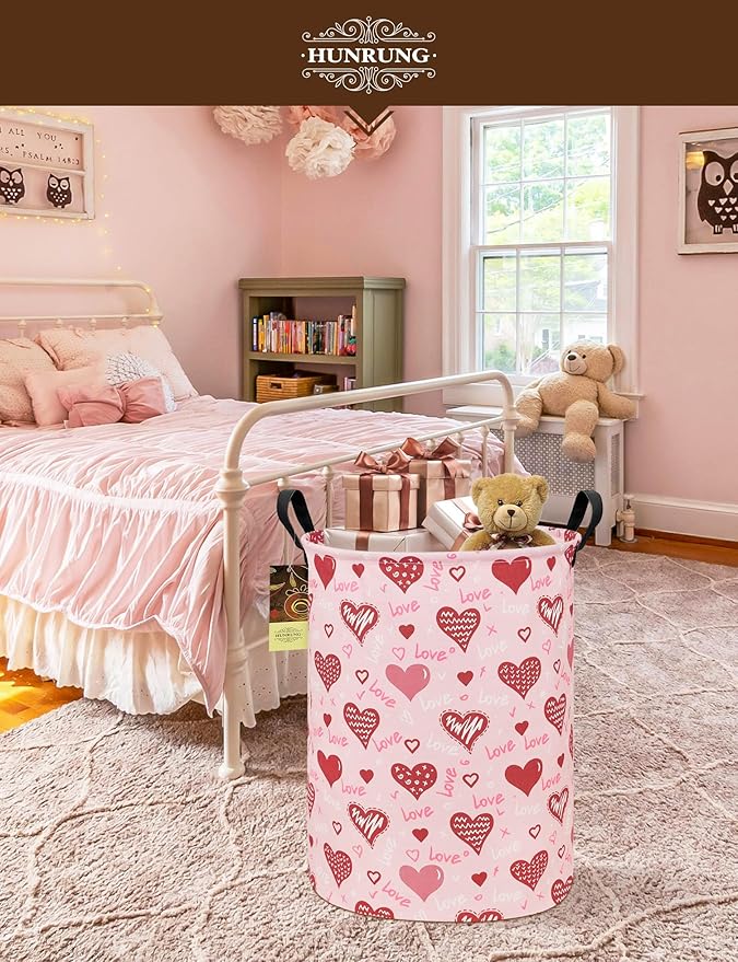 Collapsible Fabric Storage Basket, Waterproof Laundry Hamper with Handles, Round Storage Bin for Clothes Toys, Foldable Organizer for Bedroom Nursery Bathroom(Round-Pink Love Heart)