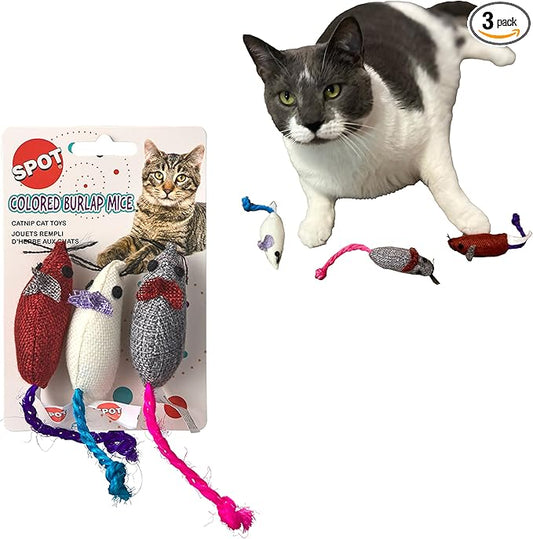 SPOT Burlap Mice Cat Toys, Interactive & Durable Catnip Toys for Indoor Cats & Kittens, Perfect for Hunting & Play, 3-Inch, Assorted Colors, 3 Pieces