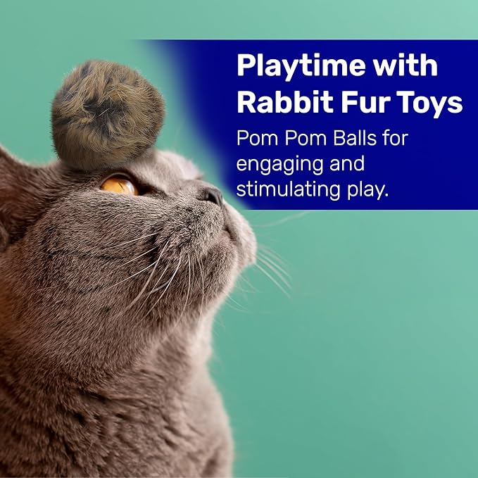 Kats'N Us 2–4 Inch Jumbo Pack of 5 Real Rabbit Fur Pom Pom Cat Toys – Natural Color Balls for Cats & Kittens – Interactive Prey-Like Toys for Indoor Chasing, Batting & Play
