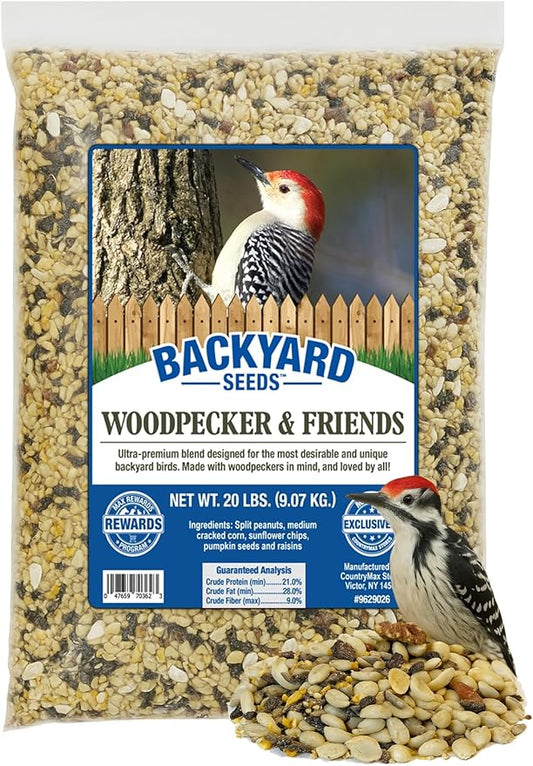 Backyard Seeds Woodpecker No-Waste Bird Seed Mix 20lbs - Premium Shelled Peanuts & Sunflower Chips, Medium Bag of Wild Bird Food