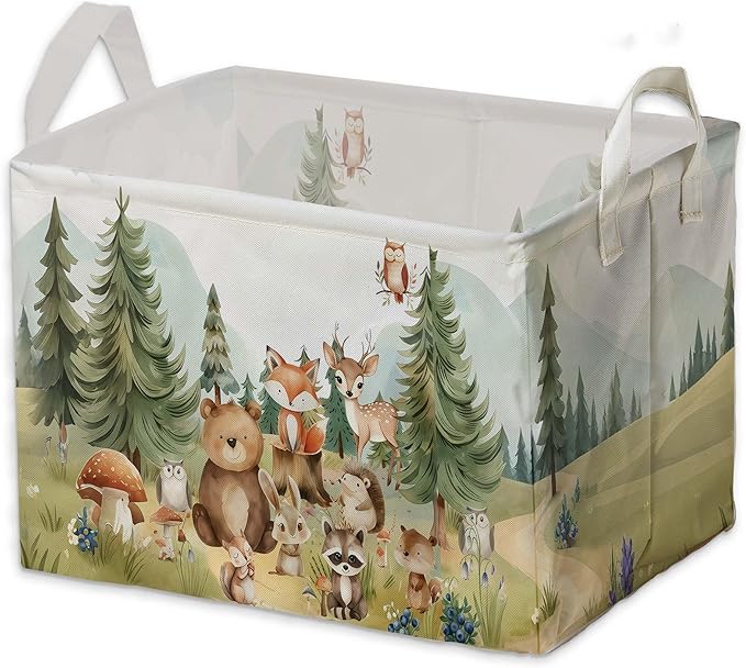 Cute Animals Storage Baskets, Woodland Nursery Decor, Woodland Baby Shower Decorations, Large Squarecanvas Laundry Hamper With A Waterproof PECoating, Foldable Kids Toy Clothes Bins for Bedroom