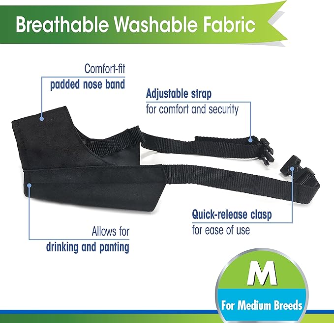 Four Paws Walk-About Quick-Fit Adjustable Dog Muzzle for Medium Dogs, Washable & Breathable, Black, 1 Count