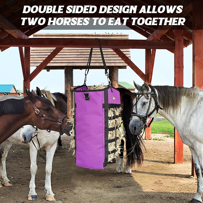 Innovative Hay Bags for Horses, Goat Hay Feeder with Reinforced Oxford Fabric and High Strength Metal Clasp,Horse Feeding Supplies with Adjustable Strap for Easy Hanging (Purple-1pack)