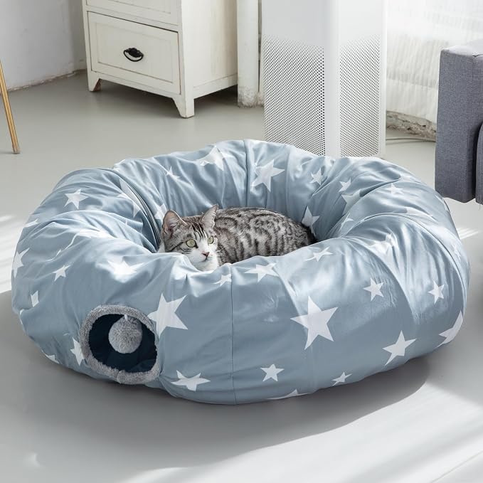 JanYoo Cat Tunnel with Cat Bed 35.4" Collapsible Playground for Indoor Cats | Large Soft Plush Washable Hide Seek Tube with Interactive Toys Round Pet Tunnel for Kittens,Adult Cats,Squirrels
