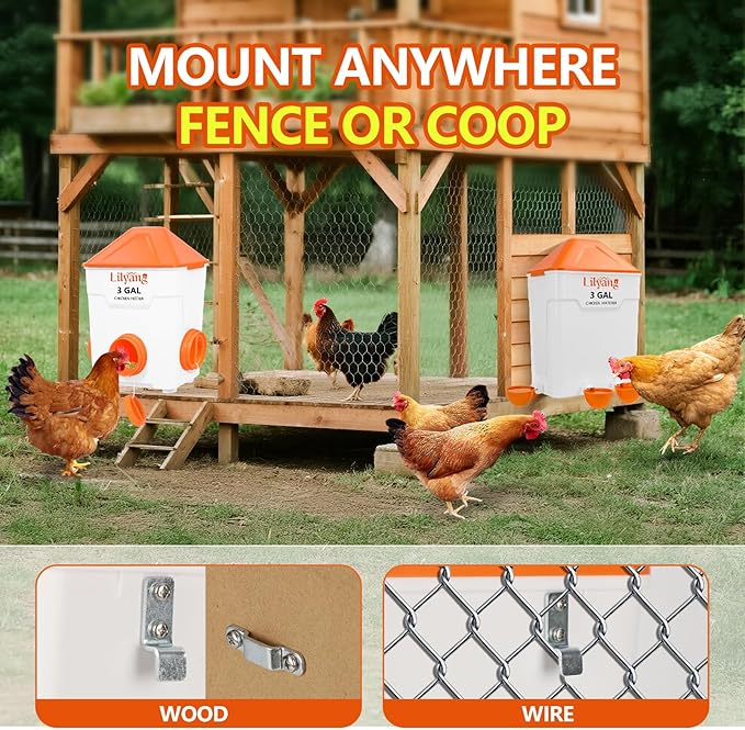 Lilyang Chicken Feeder and Waterer Set 3 Gallon, Automatic No-Waste Feeder, Large Poultry Waterer with 2.75'' Cups, Standing or Hanging Use, Feed Chickens & Ducks