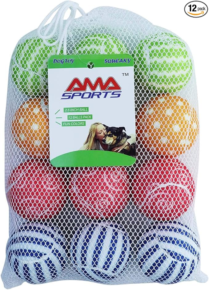 AMA SPORT Squeaky Tennis Balls for Dogs 12 Pack 2.5" Squeaky Tennis Balls for New Puppy Small Medium Dog Toys for Fetch, Exercise, Outdoor Play