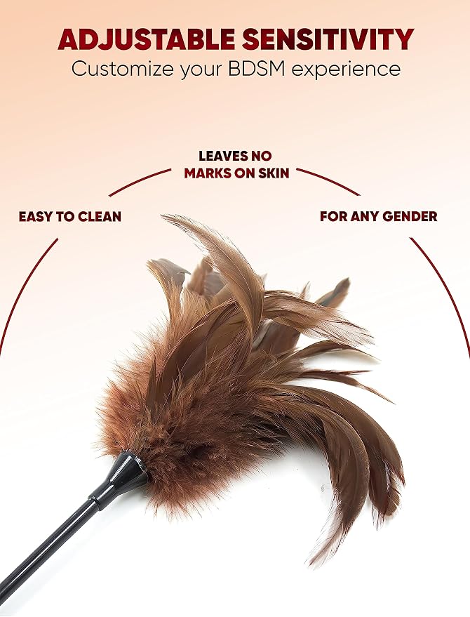 Feather Tickler Teasers Stick, Faux Feather French Crop Stick 15" for Play Show, Brown