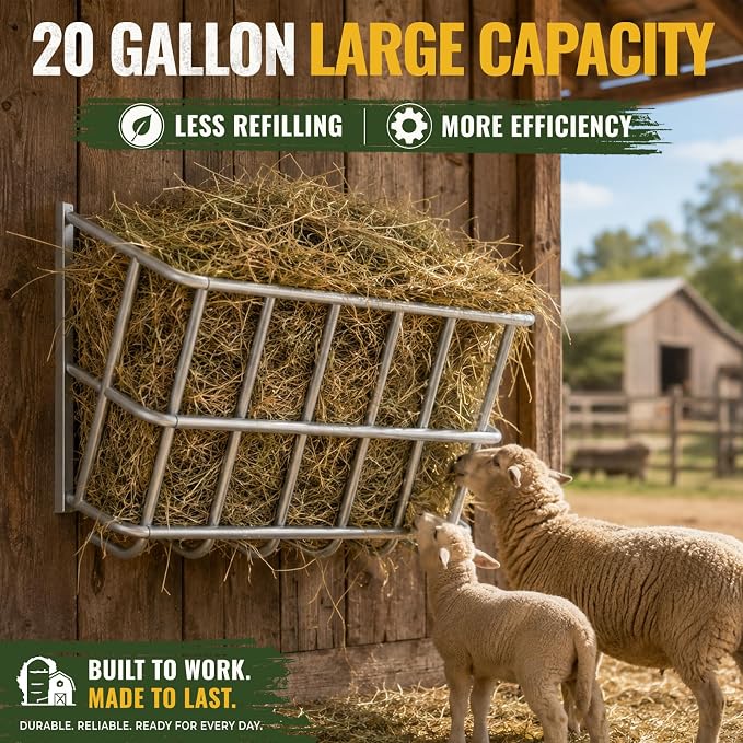20 Gallon Wall Mount Hay Feeder, Metal Hay Rack for Goats and Horses | Galvanized steel, livestock feeding rack, barn stall feed holder, space-saving, rounded edges, easy install