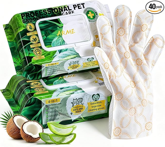 Arme Pet Bath Gloves Wipes for Dogs&Cats Cleaning Glove for Dry Bath,40 Pcs | 9.4"x9.25", 4-in-1 Double-Sided, Coconut Oil&Aloe,No-Rinse, Hypoallergenic, Thickened, Deodorizing, Daily Grooming&Travel