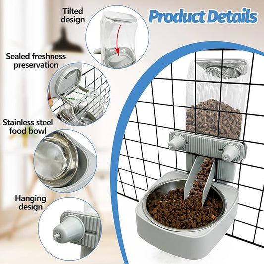 54 oz Rabbit Food Dispenser with Stainless Steel Food Bowl Hanging Gravity Bunny Feeder for Cage Automatic Small Animal Feeding Bowls for Ferret Guinea Pig Chinchilla Cat Puppy