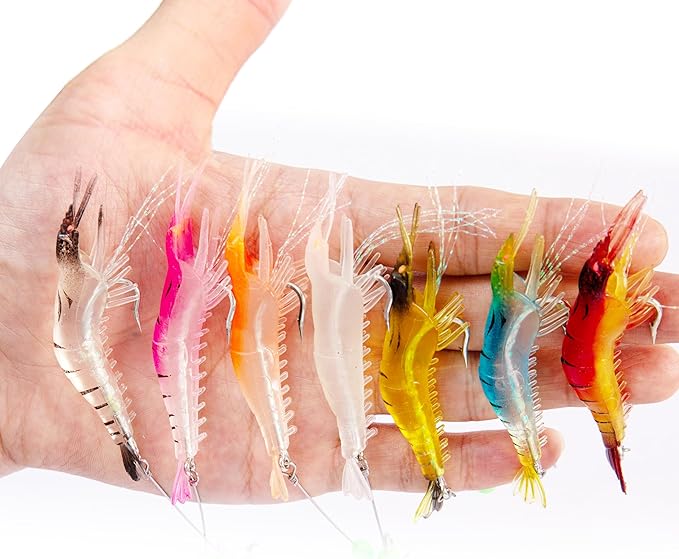 14PCS Saltwater Fishing Lures Shrimp Lures Set with Bait Box, 7 Colors Premium Soft Shrimp Fishing Tackle with Luminous Sharp Hooks, for Saltwater and Freshwater Aggressive Fish