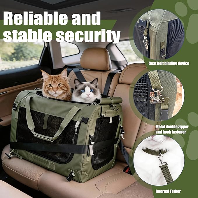 Extra Large Cat Carrier for Large Cats or 2 Small Cats - Soft-Sided Pet Carrier for Car Travel, Top Load, 4 Openings, Anti-Sag Iron Frame, Anti-Sagging pad, Zipper Lock Buckle, Foldable, Green