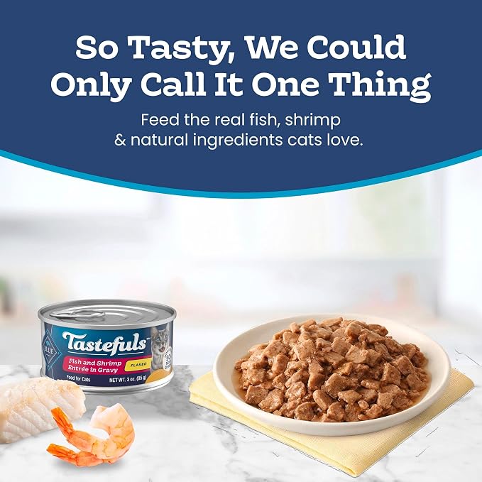 Blue Buffalo Tastefuls Natural Wet Cat Food Cans, Flaked Style, Fish and Shrimp Entrée in Gravy 3-oz Cans (Pack of 4)