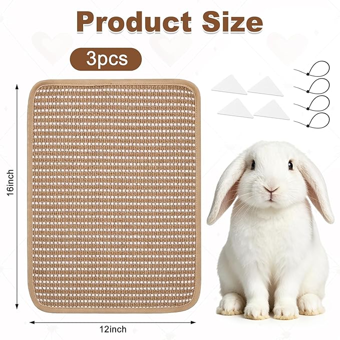 3PCS Rabbit Scratch Mat, Natural Bunny Scratching Pad Claws and Teeth Care Rabbit Mats for Cages Chew Toys for Bunny Pet Cage Bedding for Biting Sleeping Nesting (12x16 inch)