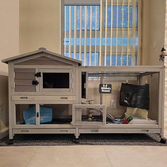 Bunny Cage Indoor and Outdoor Rabbit Hutch with Casters Waterproof Roof, Pull Out Tray from Back and Front 61.2" L x 22.6" W x 33.5" H