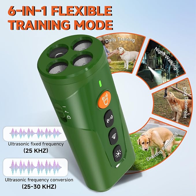Dog Bark Deterrent Device, 3X Ultrasonic Anti Barking Device 6 Modes Dog Trainer Rechargeable & Portable Safe Bark Control Indoor Outdoor for All Dogs with LED Flashlight - Green