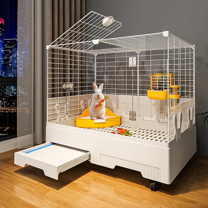 Oneluck Large Rabbit Cage Indoor,2-Story Bunny Hutch with Rasied Urine-Proof Walls, Leak-Proof Trays, Wheels,37" L x22 W x 30" H for Rabbits, Chinchillas, Guinea Pig (Small, Transparent)