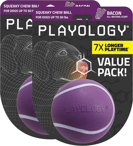 Playology Dog Toys | Squeaky Chew Ball for Dogs, Value 2-Pack | Bacon Scented Medium Dog Balls | Bouncy Floating Chew Toys for Fetch