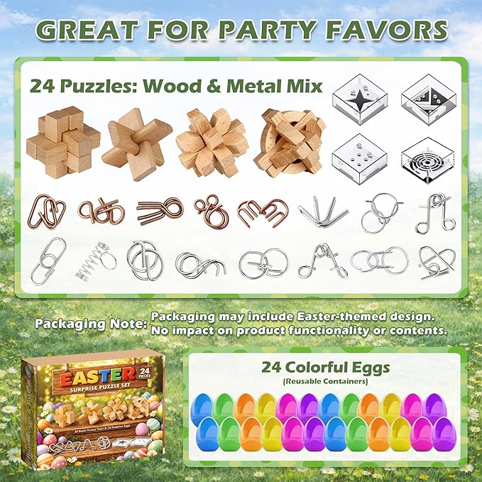 24 Pack Brain Teaser Puzzle Set, Metal & Wooden Puzzles with Balance Challenges, IQ Logic Games and Mind Teaser Toys Party Favors Return Gifts for Kids Teens and Adults