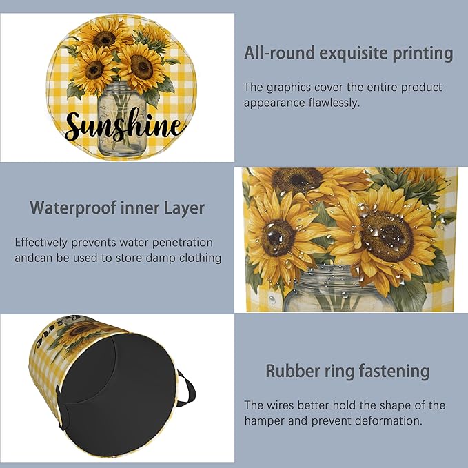 Retro Sunflowers Laundry Hamper,Sunshine Dirty Clothes Laundry Basket with Handles Waterproof Oxford Cloth Storage Basket for College Dorms Bathroom Bedroom 16" x 20.8"