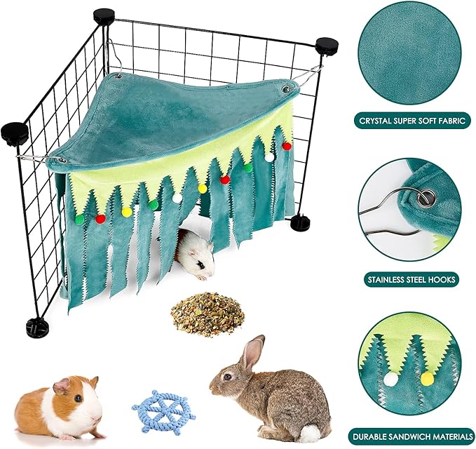 Guinea Pig Hideout - Guinea Pig Corner Hideout, Three-Sided Fringes, Triangle Top and Washable Hides, Suitable Hides for Rabbit and Other Small Pets, No Metal Fences, Green