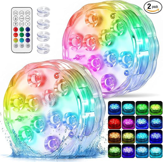 2026 Upgraded Submersible LED Lights, IP68 Waterproof Floating Pool Hot Tub Lights with Remote Control, 16 RGB Colors, Timer, Suction Cups, Battery Powered Underwater Lights for Spa, Pond, Vase Decor