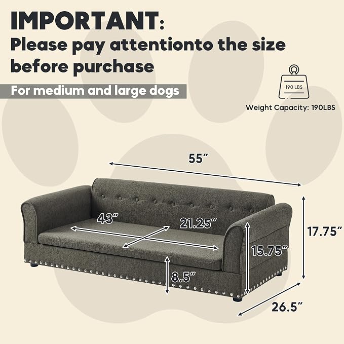 55" Dog Sofa for Medium to Large Dogs, Button Tufted Dog Couch Bed with Backrest and Armrests, Durable Memory Foam Pet Bed, Removable Cushion for Medium and Large Dogs, Dark Grey