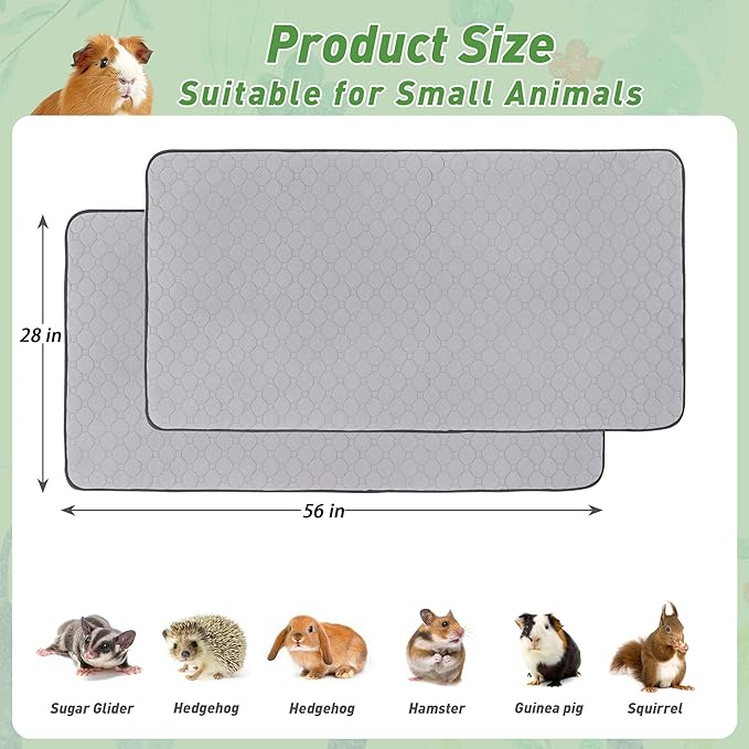 Guinea Pig Cage Liners, 28''X56'' Washable Guinea Pig Pee Pads, Non Slip Reusable Super Absorbent Guinea Pig Training Mat Bedding Fleece for Small Animals Hamster Rabbit Chinchilla Rat, 2Packs