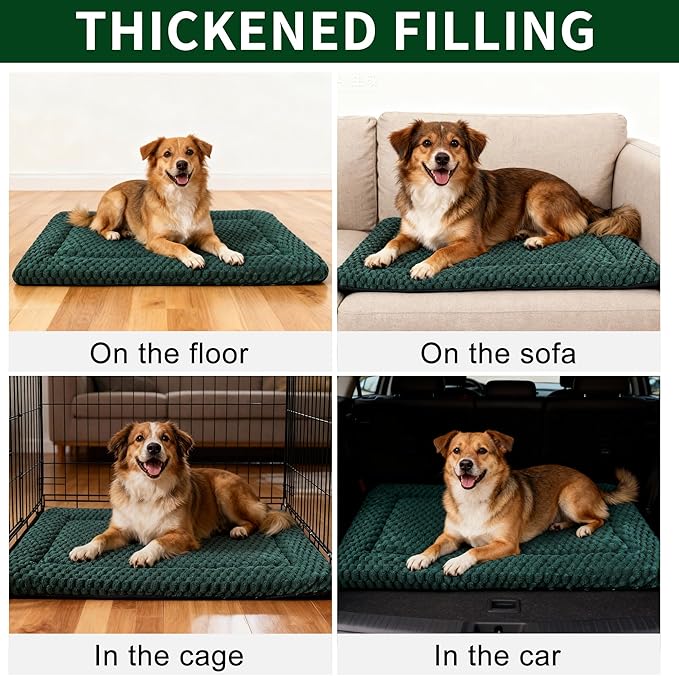 Dog Bed Mat,Reversible & Ultra Soft Kennel Pad-Machine Washable Pet Bed for Dogs & Cats-All-Weather Crate Liner for Crates,Carriers & Travel (Dark Green, 35" L x 23" W x 1.5" Th)