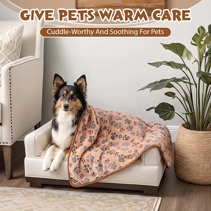 Tegeme 12 Pcs Pet Blankets 41 x 30 Inch Soft Fluffy Fleece Dog Cat Warm Paw Print Pattern Blankets Flannel Throw for Pets Dog Puppy Cat(Camel,Gray)