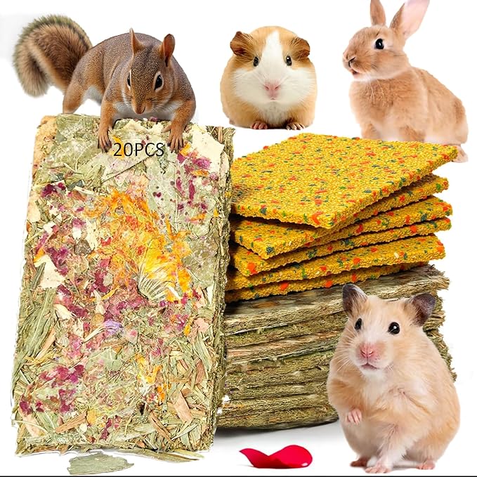 20 Pcs Rabbit Chew Toys 2 in 1 Bunny Treats Timothy Hay Chips with Apple Carrot Herbal Flowers Snack for Guinea Pig Chinchilla Hamster Teeth Grinding Dental Care Small Animal Food
