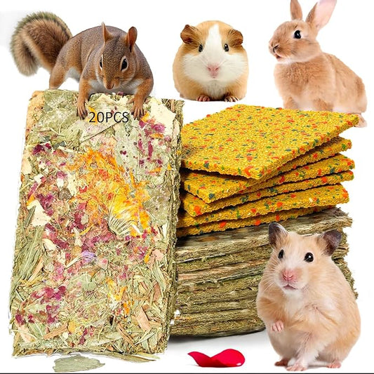 20 Pcs Rabbit Chew Toys 2 in 1 Bunny Treats Timothy Hay Chips with Apple Carrot Herbal Flowers Snack for Guinea Pig Chinchilla Hamster Teeth Grinding Dental Care Small Animal Food