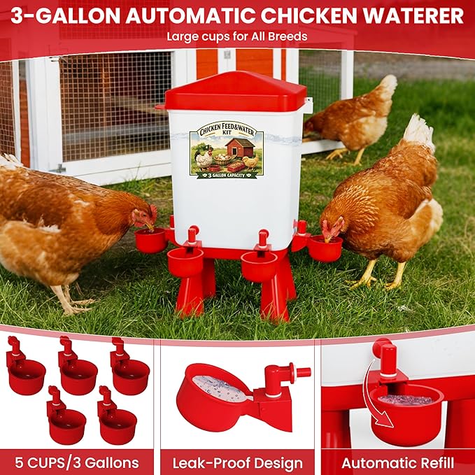 Erinaik Chicken Feeder and Waterer Set, 3 Gallon/16 LB Automatic Poultry Feeding System with Hanging Option, No Waste Feeder Ports & Water Cups, BPA-Free, Ideal for Hens Ducks and Poultry (RED2)