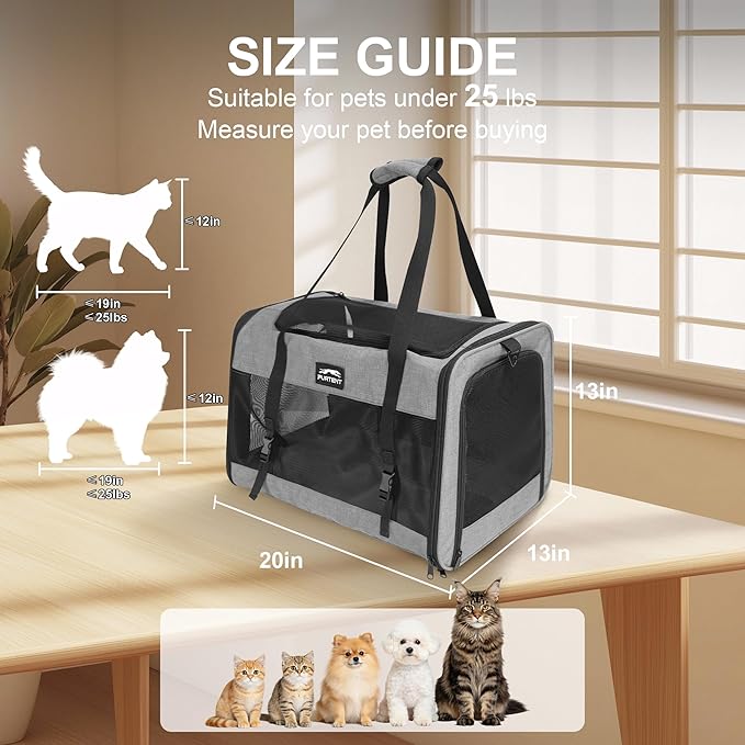 Soft Sided Cat Carrier for Large Cats, Pet Carrier for 2 Cats or Small Dogs Up to 25Lbs, Large Cat Carrier with Shoulder Strap, Cat Car Carrier with Safety Buckle & Cushion, 20x13x13 inches, Grey