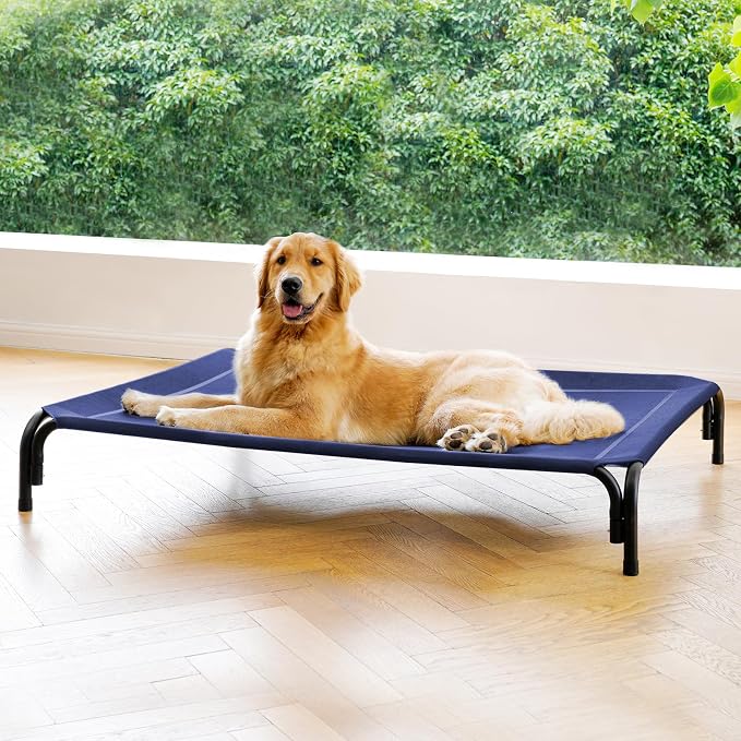 Elevated Dog Bed Raised Outdoor Dog Cot for Extra Large Dogs, Installation Requires No Tools, Frame with Washable Cooling Breathable Mesh Anti-Slip Feet, Indoor Pet Bed, Blue, 53.9 Inches