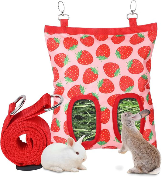 Rabbit Hay Feeder, 2 Hole Hanging Hay Bag for Rabbits Guinea Pig Bunny Chinchillas Washable Rabbit Hay Holder 11x9.8inch