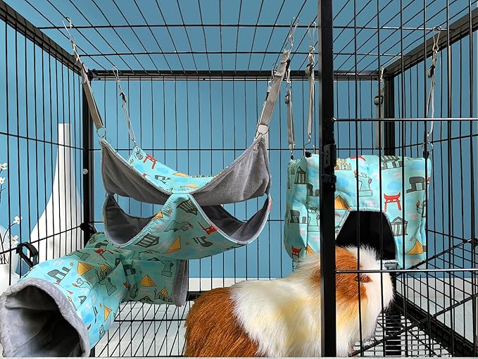 Ferret Hammock Set for cage Cage Accessories 3 Style,Ferret Double Hammock or Square House and Tunnel Bed for Guinea Pig Toy(Blue)