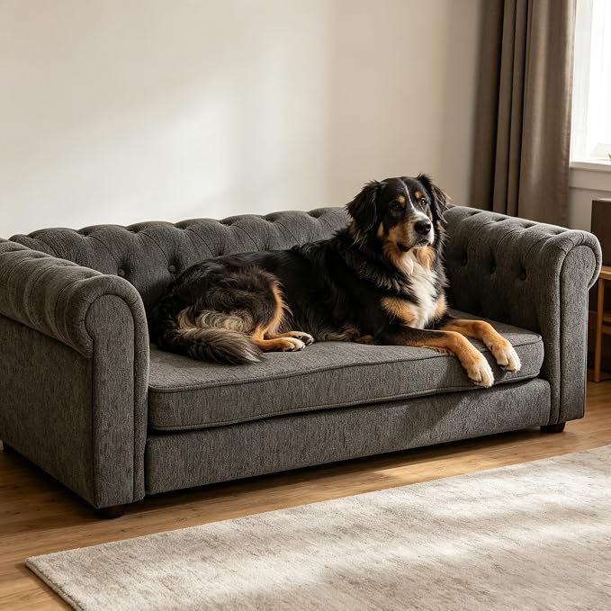 Large Dog Couch, for Large & Extra Large Dogs | Removable & Washable | No Assembly Required | Breathable Linen Fabric | Soft Foam |Floor-friendly sofa legs | Dark Grey