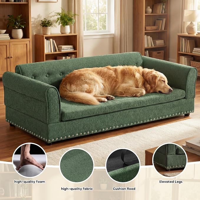 55" Dog Sofa for Medium to Large Dogs, Button Tufted Dog Couch Bed with Backrest and Armrests, Durable Memory Foam Pet Bed, Removable Cushion for Medium and Large Dogs, Green