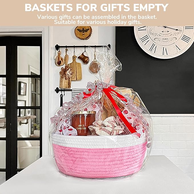 CHICVITA Pink Baskets for Gifts Empty, Gift Basket for Mom, Baby Gift Basket for Diapers, Cotton Rope Basket for Decor, 12"x 8"x 5"