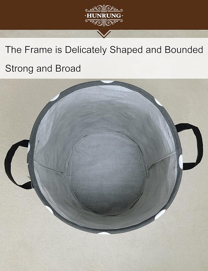 Collapsible Fabric Storage Basket, Waterproof Laundry Hamper with Handles, Round Storage Bin for Clothes Toys, Foldable Organizer for Bedroom Nursery Bathroom(Round-Grey Baseball)
