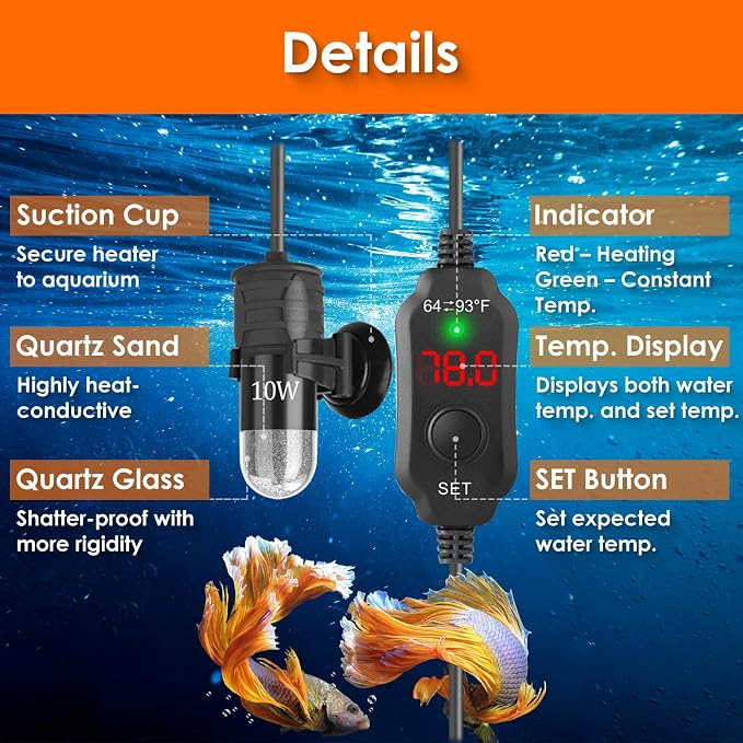 10W Mini Aquarium Heater for up to 1 Gallon Tanks | Super Small 5V/2A USB Fish Tank Heater with Digital Thermostat, Dry-Run & Overheat Protection, Memory Function