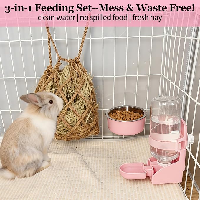 Rabbit Water Bottle Ferret Food Bowl Bunny Water Dispenser Stainless Steel Food Dish Hanging Drinking Fountain Drinker Feeder Crate Bowl for Guinea Pig Chinchilla Hedgehog