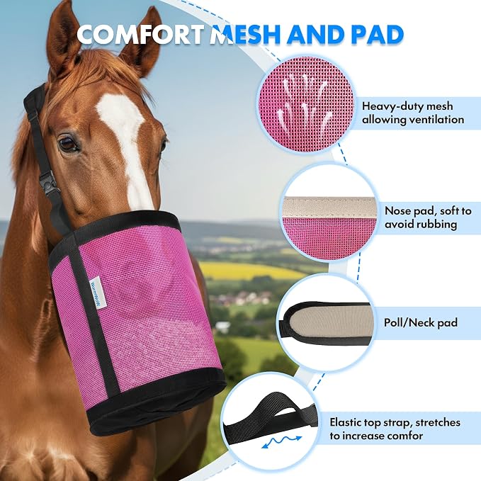 Horse Feed Bag Pack of 2 (Reinforced Bottom Edging), Feed Bags for Horses with Ventilation Mesh, Comfort Nose Pad Neck Pad, Adjustable Strap, Spill Proof Design for Feeding Grain, Supplements