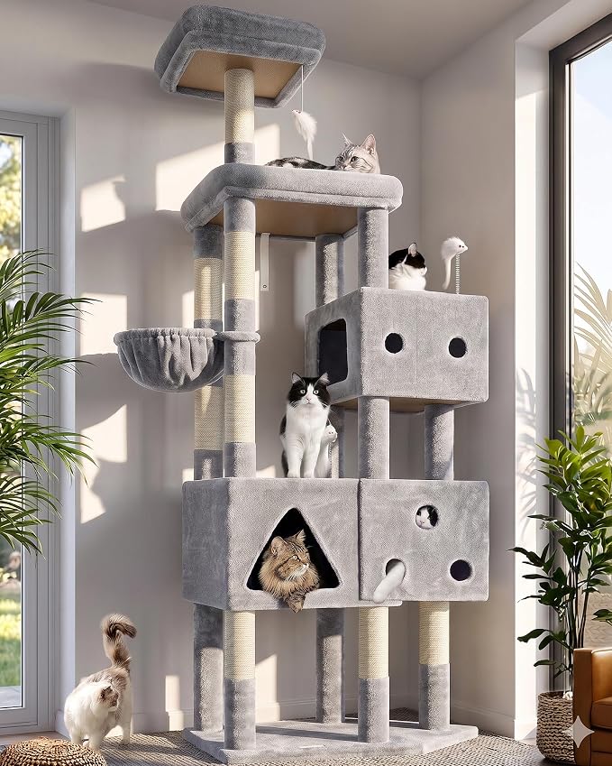 Globlazer Extra Large Cat Tower, 81-inch Tall Cat Tree for Big Cats 20 lbs, XXL Heavy Duty Cat Scratching Tower for Indoor Adult Cats with 3 Cat Condos, 8 Scratching Posts, F81, Light Grey