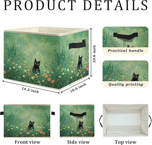 Green Wildflower Black Cat Storage Bin Box, Cat Lover Mom Lady Grandma Gifts Collapsible Storage Basket Organizer for Bedroom Bathroom Home Clothes Toys Books, Toybox for Girls