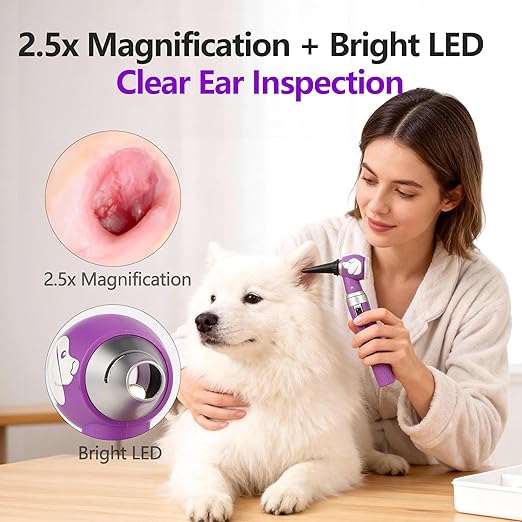 Pocket Veterinary LED Otoscope - Pet Ear Scope with Light for Dogs & Cats, 6 Disposable Tips (4/6/9mm), Portable Ear Infection Detector (Purple)